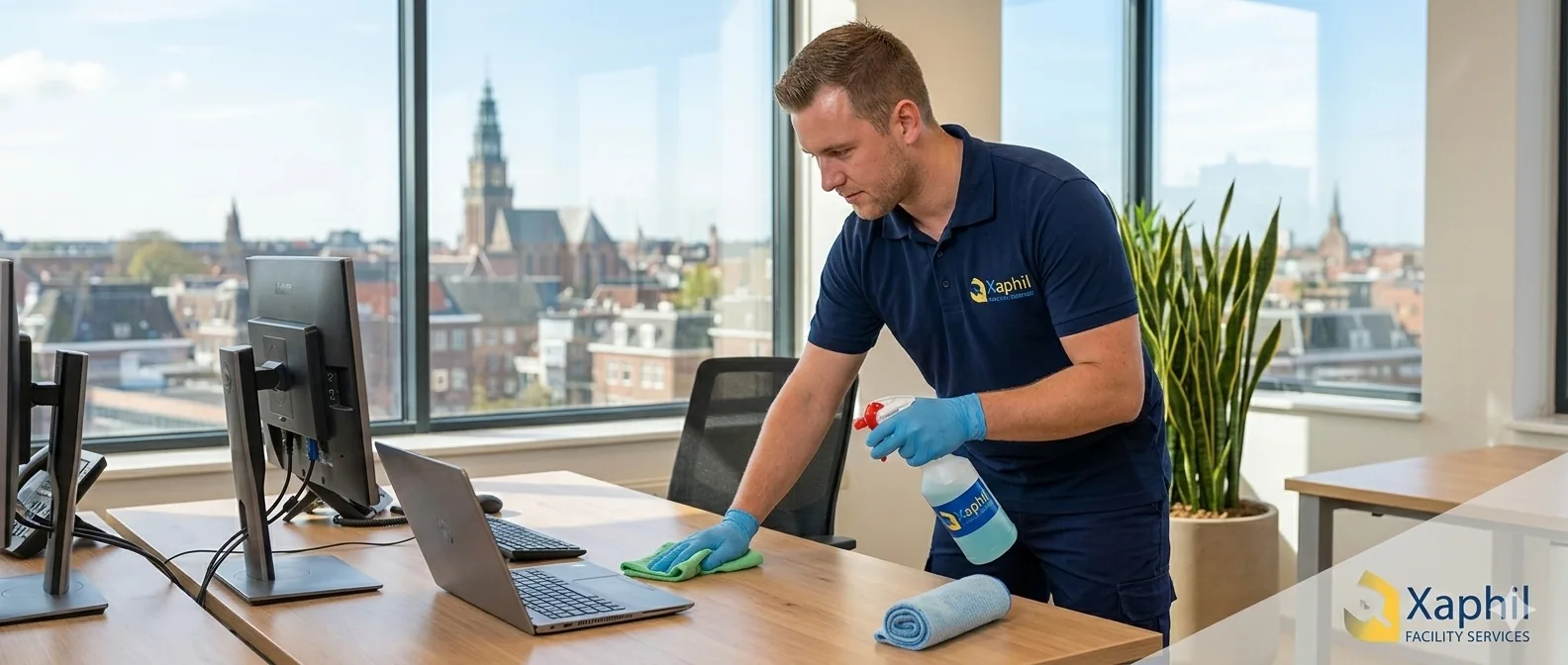 Xaphil medewerker reinigt een bureau op kantoor